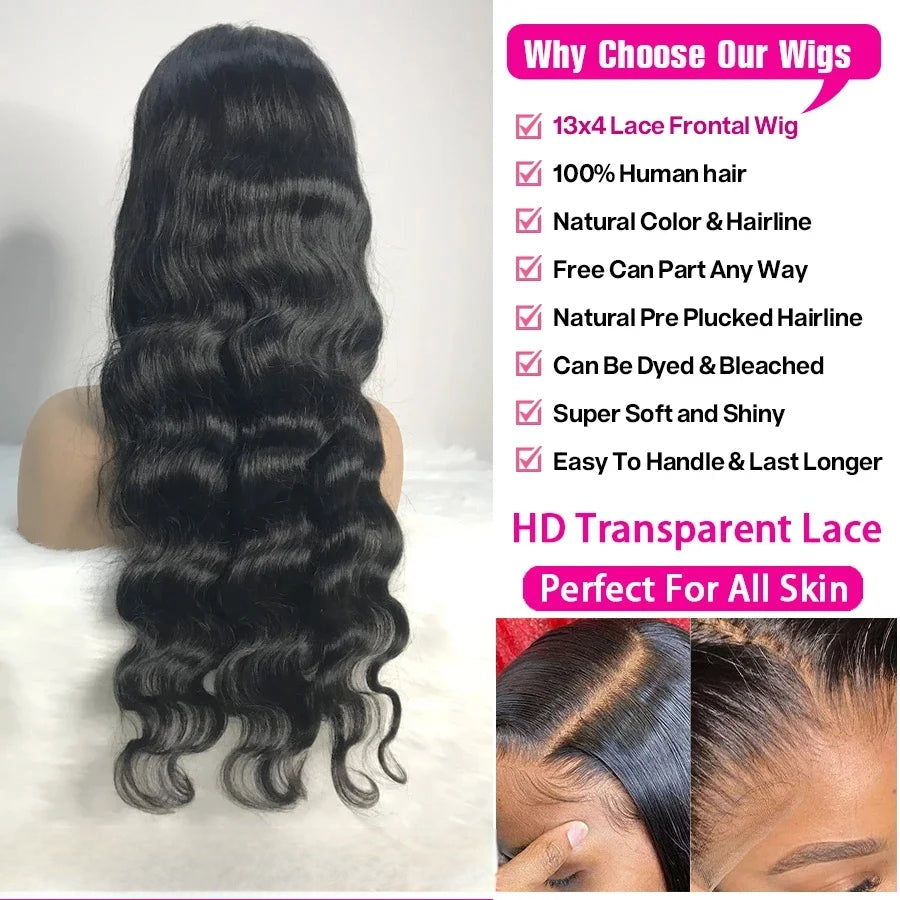 Body Wave Lace Front Wig – 100% Human Hair, Natural Black, Pre-Plucked 13x4 HD Lace Wig with Baby Hair