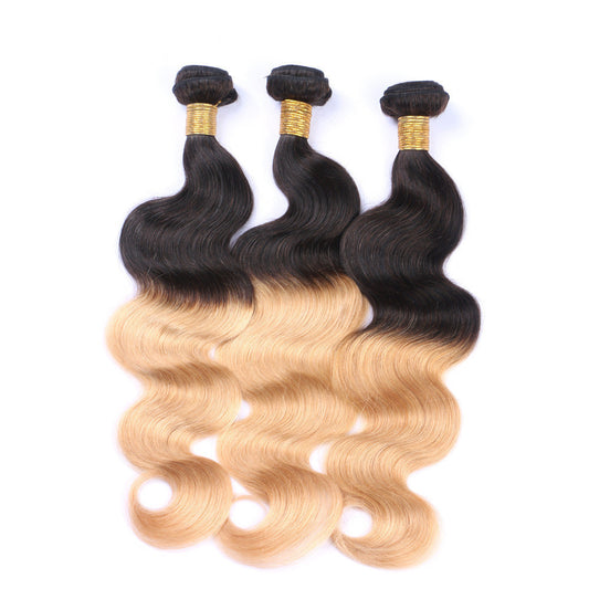 Ombre Body Wave Hair Bundles – T11/27 Two-Tone Human Hair Extensions, Black to Blonde, Double Weft, Unprocessed Virgin Human Hair