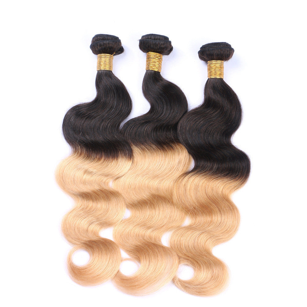 Ombre Body Wave Hair Bundles – T11/27 Two-Tone Human Hair Extensions, Black to Blonde, Double Weft, Unprocessed Virgin Human Hair