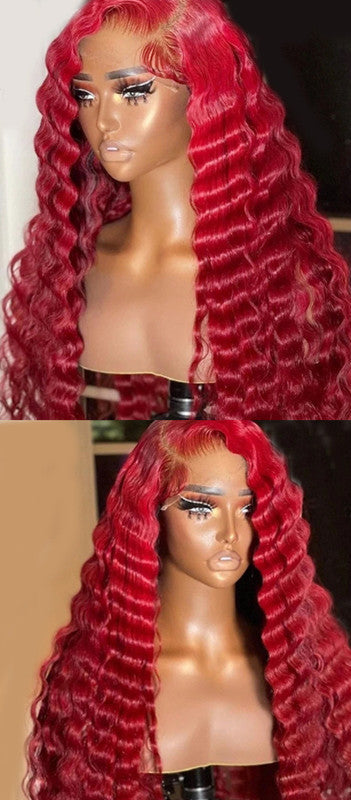 Deep Wave Burgundy Red Lace Front Wig – Pre-Plucked HD Wig with Baby Hair