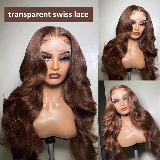 Body Wave - Chocolate - Lace Front Wig – Transparent Swiss Lace, 100% Human Hair, Pre-Plucked with Baby Hairs, Glueless Long Wig