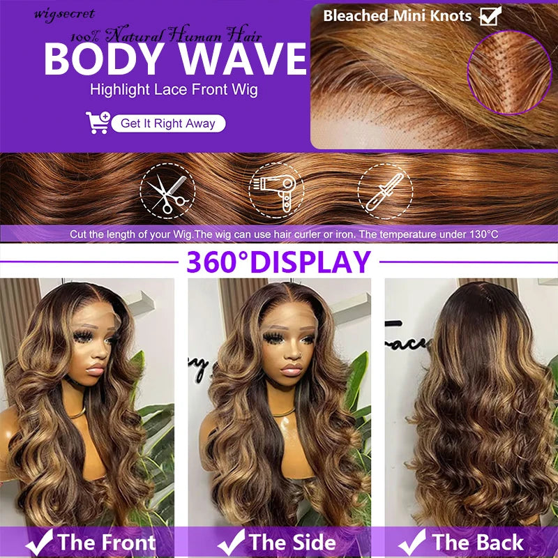 Body Wave 4/27 Highlight Wig – Ombre 13x4 Lace Front Human Hair Wig with Pre-Plucked Hairline