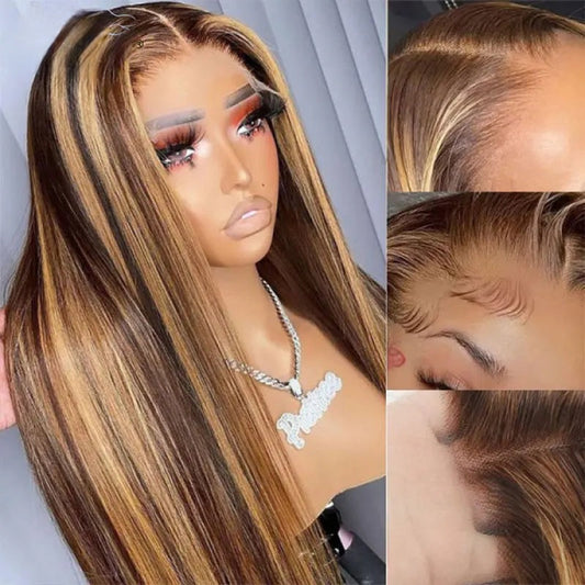 Blonde Highlight Lace Front Wig – Straight Brazilian Human Hair, 13x4 HD Lace, Glueless, 180% Density